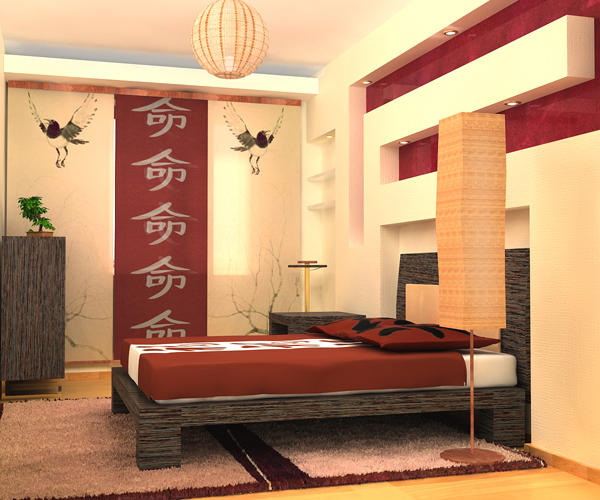 Спальня в красно-бежевом стиле